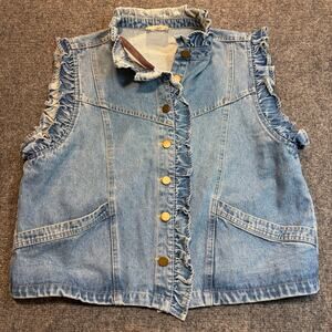 Urban Daisy Womens M Blue Denim Vest Ruffle Trim Button Front Sleeveless Jacket